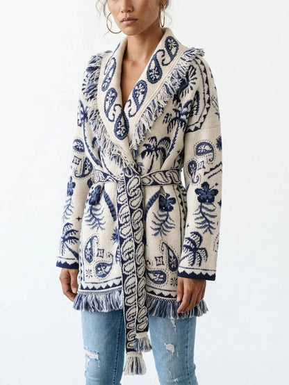 Fringed Belted Paisley and Mixed Print Cardigan - Sweaters & Knitwear