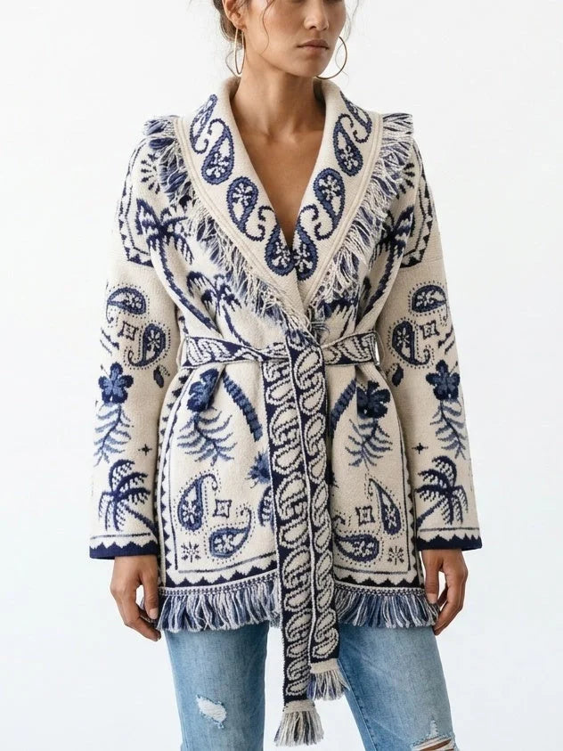 Fringed Belted Paisley and Mixed Print Cardigan - Sweaters & Knitwear