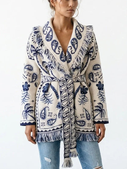 Fringed Belted Paisley and Mixed Print Cardigan - Sweaters & Knitwear