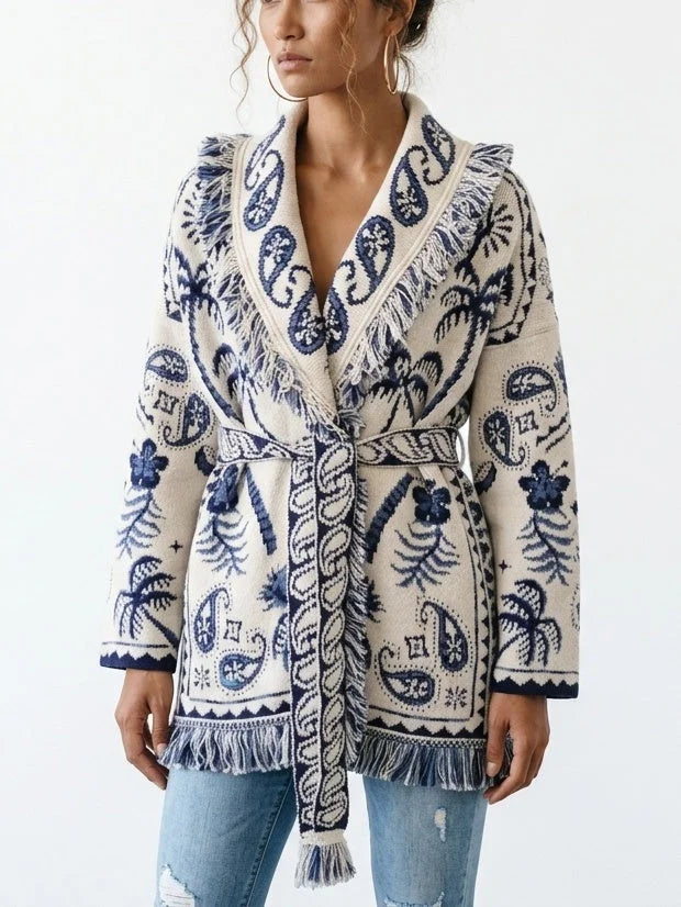 Fringed Belted Paisley and Mixed Print Cardigan - Sweaters & Knitwear