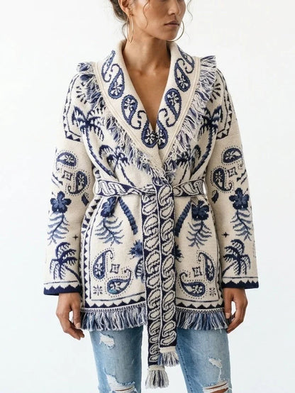 Fringed Belted Paisley and Mixed Print Cardigan - Sweaters & Knitwear