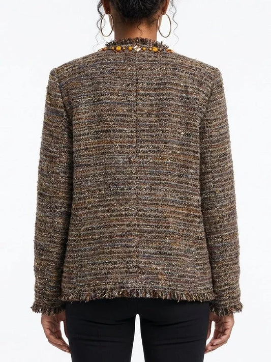 Fringed Brown Boxy Tweed Jacket with Appliques - Jackets