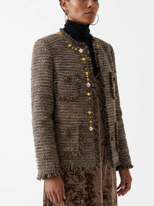 Fringed Brown Boxy Tweed Jacket with Appliques - Jackets