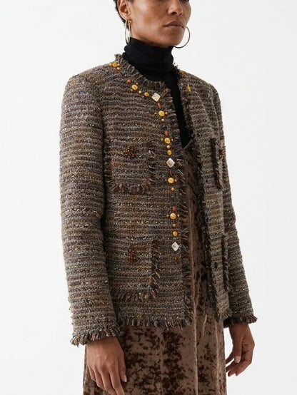 Fringed Brown Boxy Tweed Jacket with Appliques - Jackets