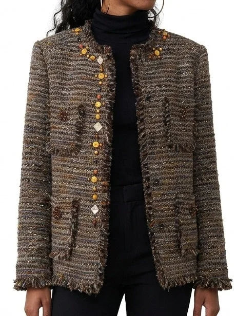 Fringed Brown Boxy Tweed Jacket with Appliques - Jackets