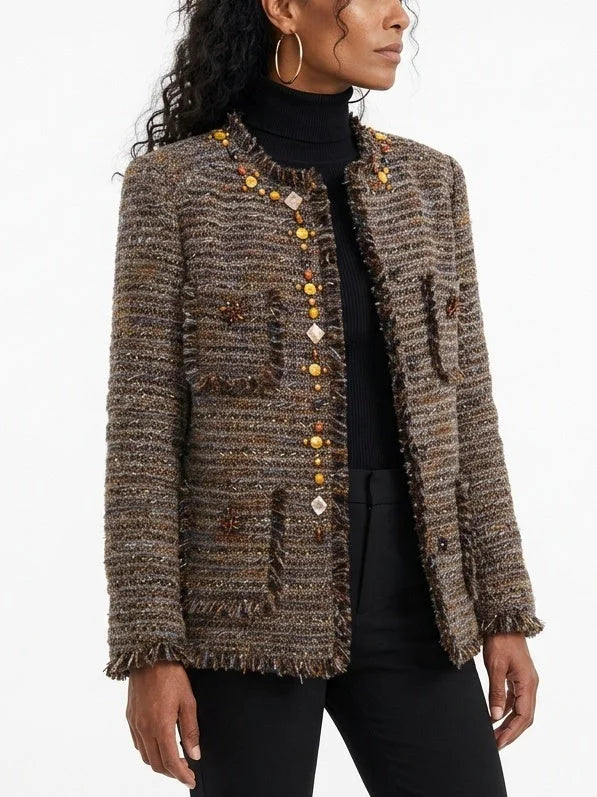 Fringed Brown Boxy Tweed Jacket with Appliques - Jackets