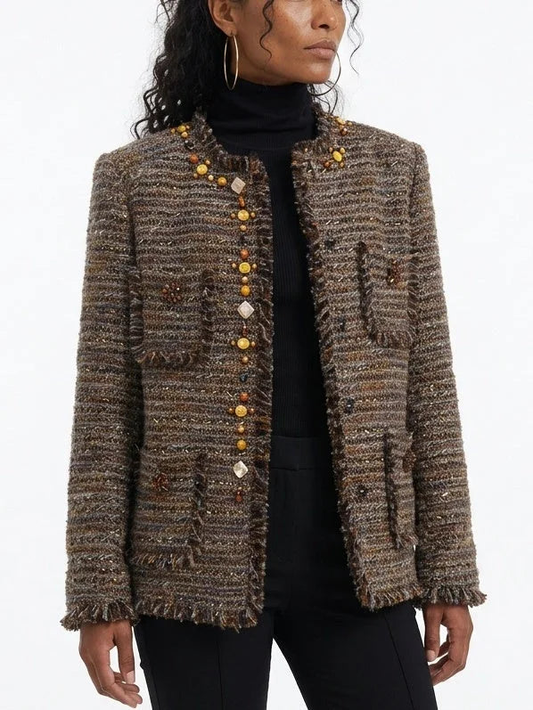 Fringed Brown Boxy Tweed Jacket with Appliques - Jackets