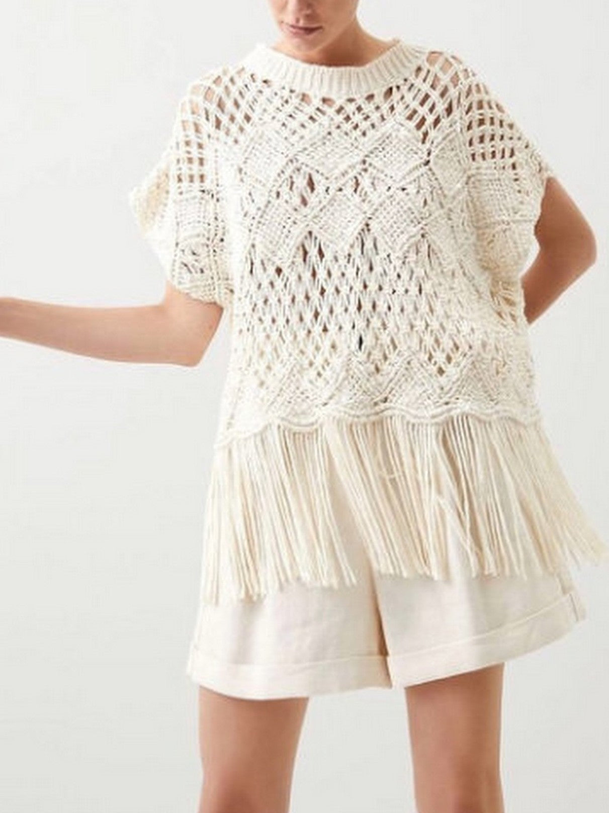 Fringed Knit Short-Sleeve Sweater - One size - Sweaters & Knitwear
