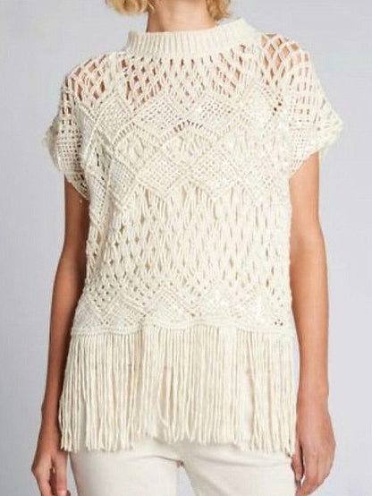 Fringed Knit Short-Sleeve Sweater - One size - Sweaters & Knitwear