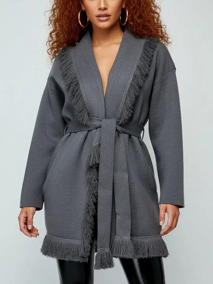 Fringed Wool & Cashmere Belted Cardigan Coat - Small / Dark Gray - Sweaters & Knitwear