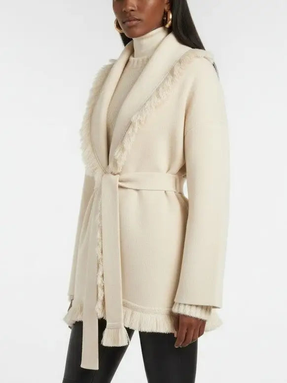 Fringed Wool & Cashmere Belted Cardigan Coat - Sweaters & Knitwear