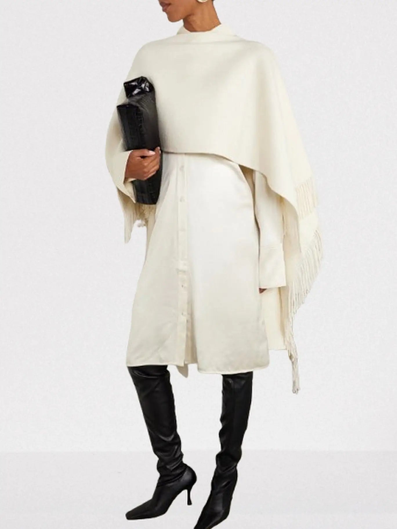 Fringed Wool and Cashmere-Blend Poncho Shawl - One size / Off-White - Coats