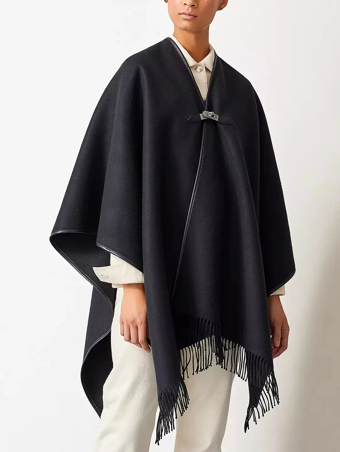 Front Twist-Lock Fringed Wool Cashmere Poncho Branna Couture