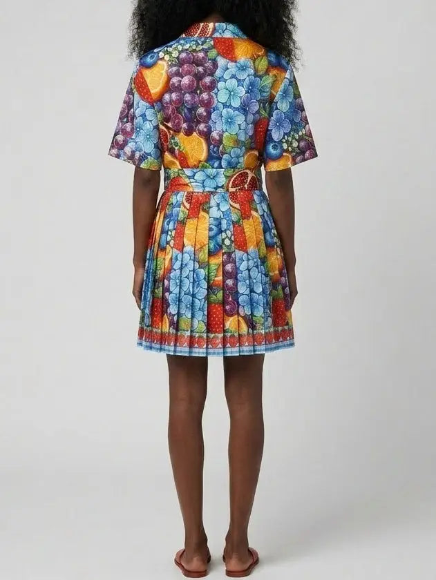 Fruit and Floral Print Shirt and Pleated Mini Skirt Set - Suits & Sets