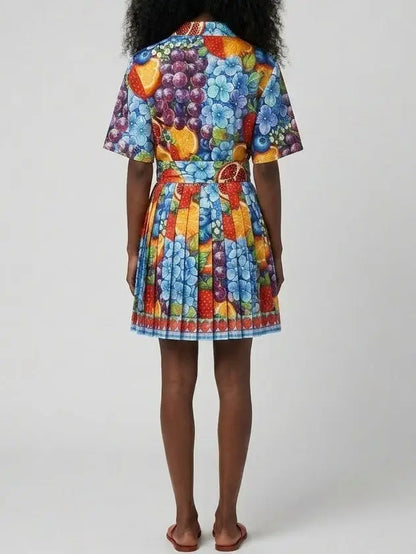 Fruit and Floral Print Shirt and Pleated Mini Skirt Set - Suits & Sets