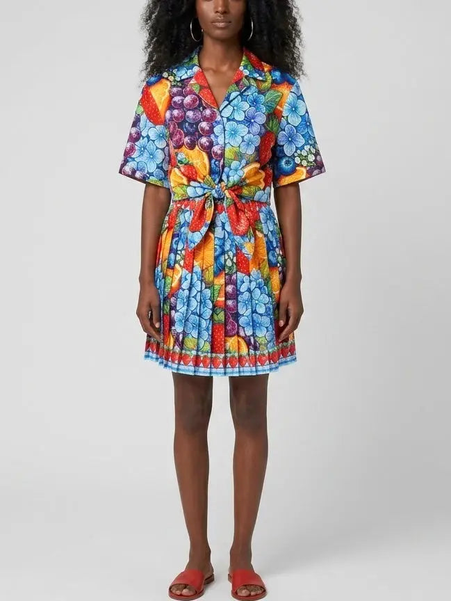 Fruit and Floral Print Shirt and Pleated Mini Skirt Set - Suits & Sets