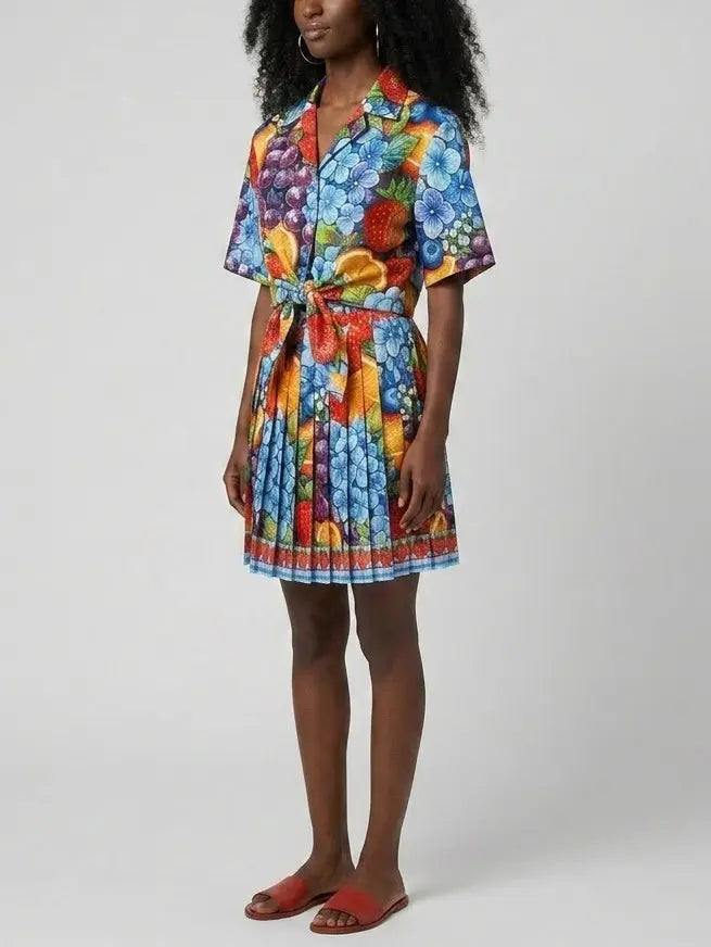 Fruit and Floral Print Shirt and Pleated Mini Skirt Set - Suits & Sets