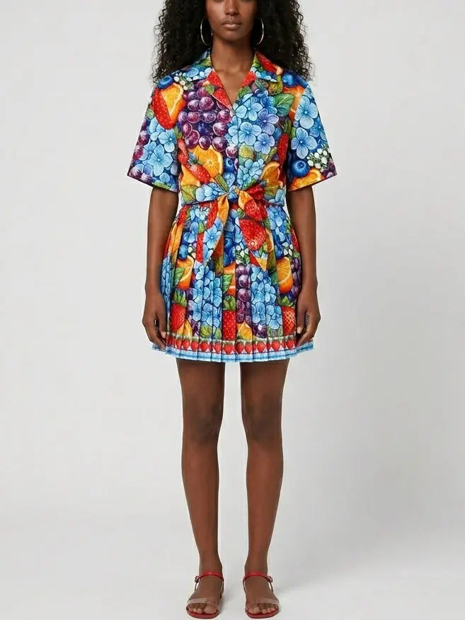 Fruit and Floral Print Shirt and Pleated Mini Skirt Set - Suits & Sets