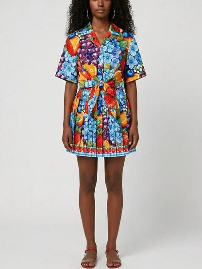 Fruit and Floral Print Shirt and Pleated Mini Skirt Set - Suits & Sets