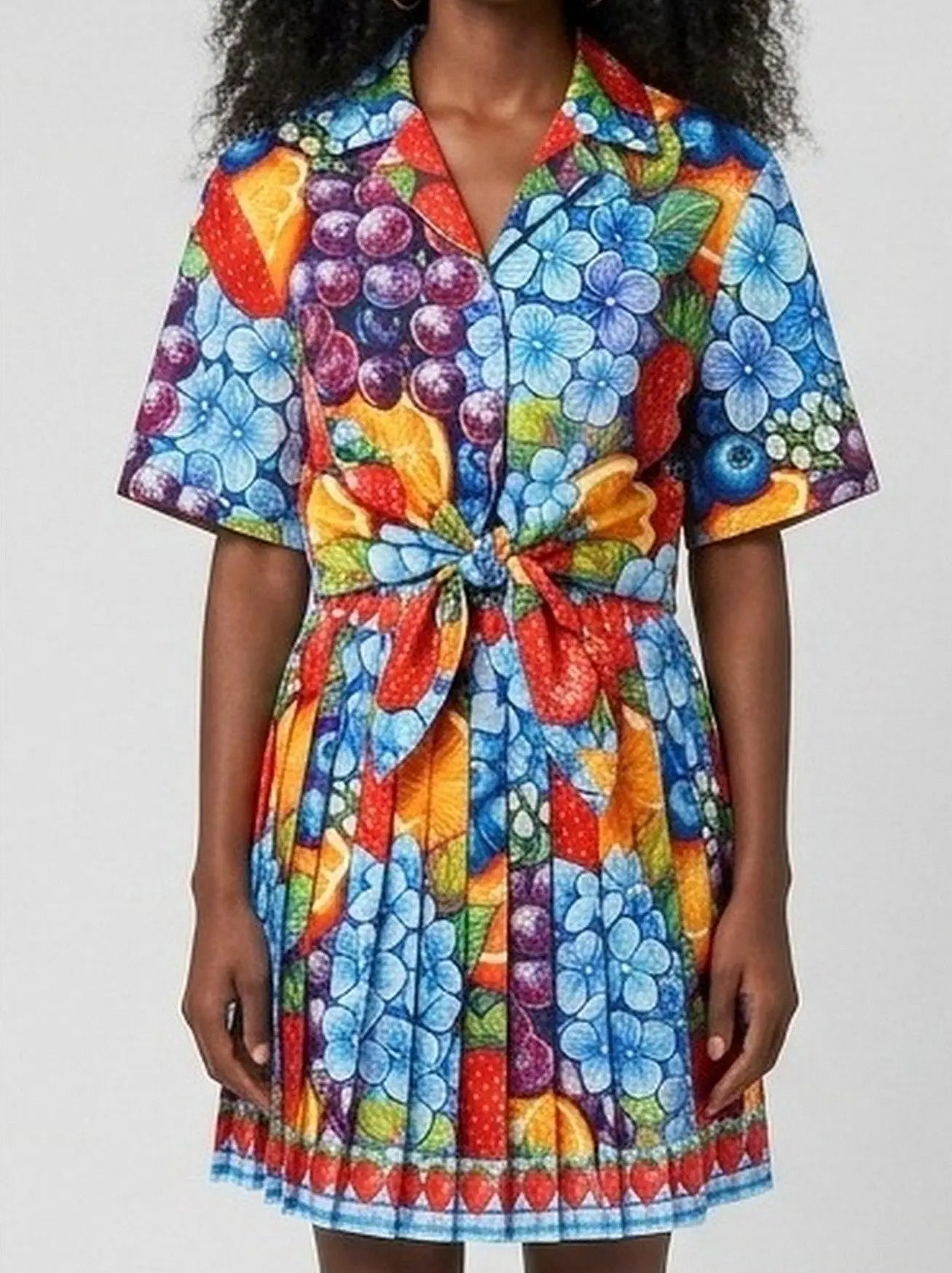 Fruit and Floral Print Shirt and Pleated Mini Skirt Set - Suits & Sets