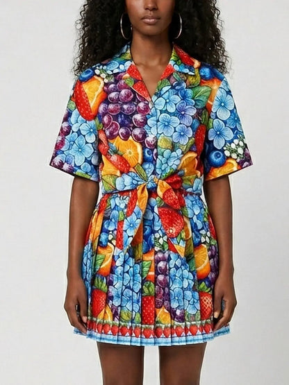 Fruit and Floral Print Shirt and Pleated Mini Skirt Set - S - Suits & Sets