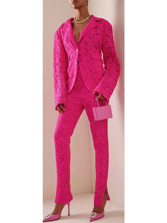 Fuchsia Pink Floral Lace Blazer and Pant Suit - Branna Couture