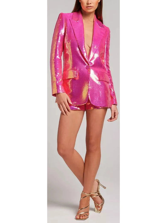 Fuchsia Sequin Embellished Blazer and Short Set - Branna Couture