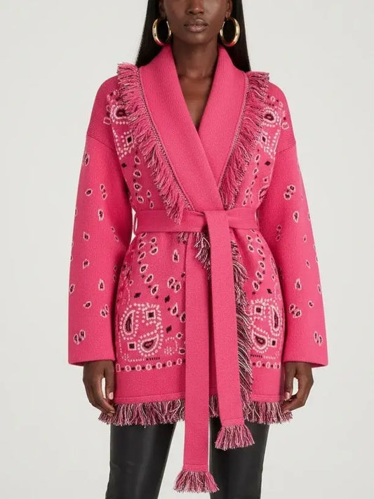 Fuchsia Paisley Wool-Cashmere Belted Cardigan - Small - Sweaters & Knitwear