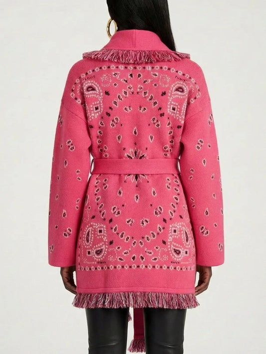 Fuchsia Paisley Wool-Cashmere Belted Cardigan - Sweaters & Knitwear
