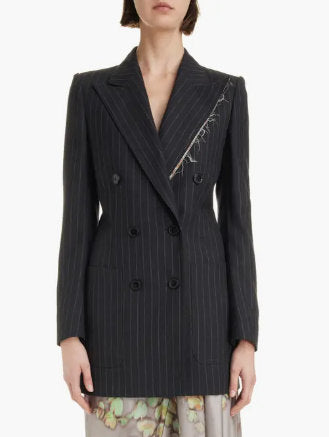 Pinstripe Double-Breasted Wool and Silk Frayed-Collar Blazer Branna Couture