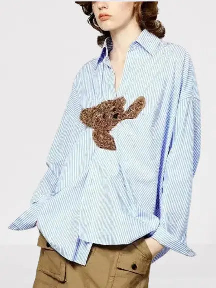 Teddy Bear Embroidered Stripe Shirt - Small - Tops