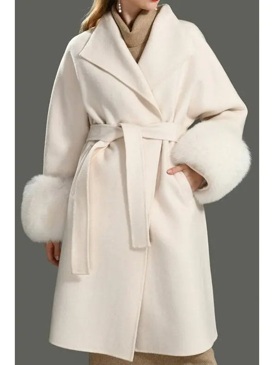 Fur-Cuffed Wrap Wool Cashmere Coat - Branna Couture