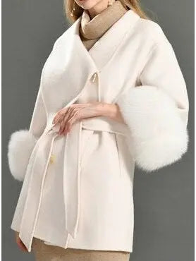 Fur Cuffed Wrap Wool Coat - Branna Couture