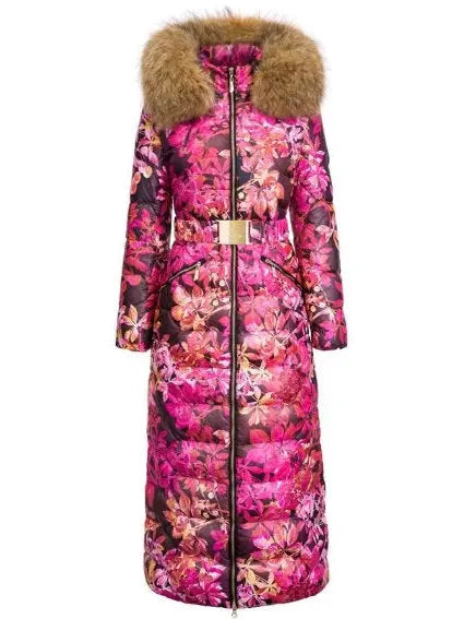 Fur-Hooded Floral Printed Long Puffer Coat - Branna Couture