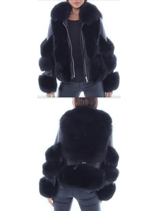 Fur-Panelled Leather Jacket, Black - Branna Couture