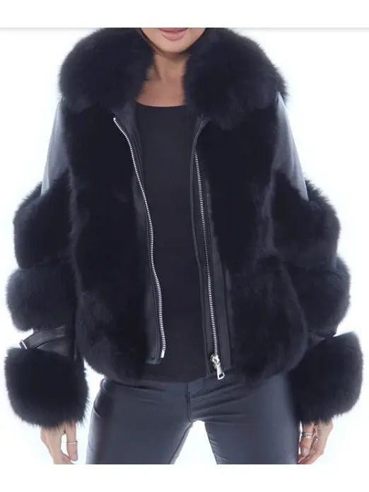 Fur-Panelled Leather Jacket, Black - Branna Couture