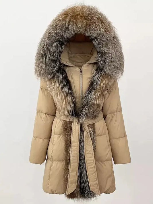 Fur-Trim Belted Down Coat in Beige with Natural Beige and Black Fur - Branna Couture