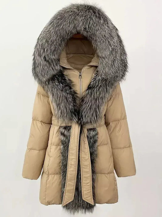 Fur-Trim Belted Down Coat in Beige with Natural and Black Fur - Branna Couture