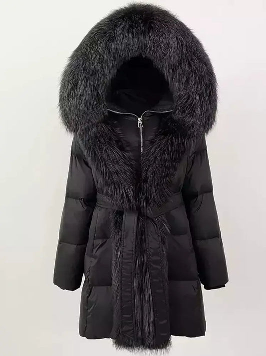 Fur-Trim Belted Down Coat in Black - Branna Couture