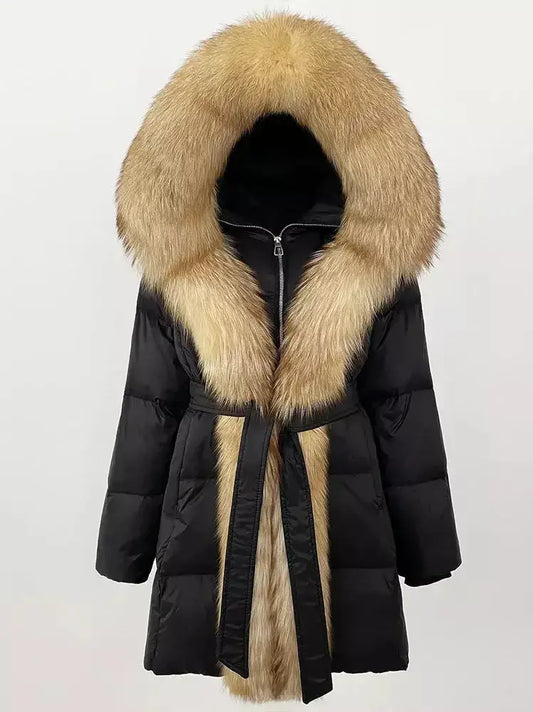 Fur-Trim Belted Down Coat in Black with Beige Fur - Branna Couture