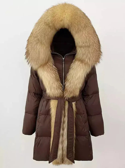 Fur-Trim Belted Down Coat in Brown with Beige Fur - Branna Couture