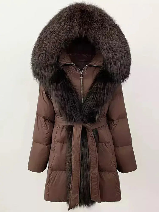 Fur-Trim Belted Down Coat in Brown with Dark Brown Fur - Branna Couture