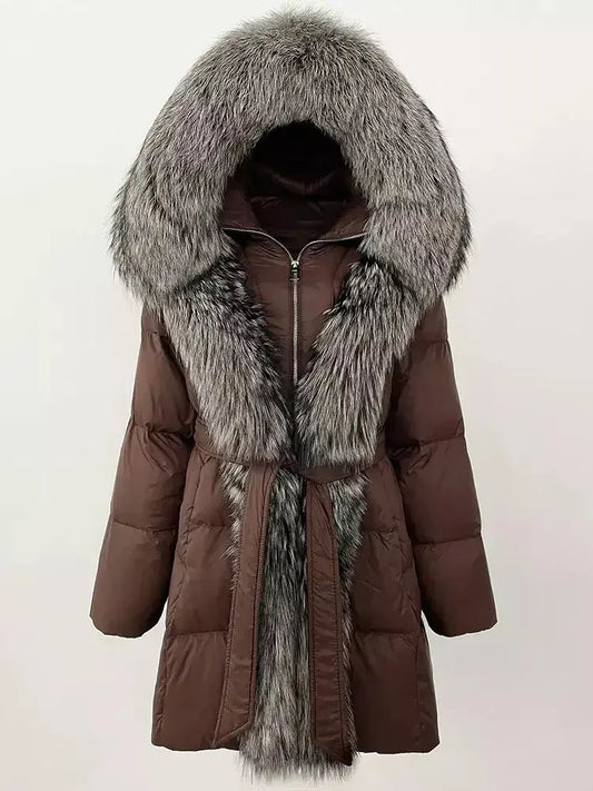 Fur-Trim Belted Down Coat in Brown with Natural and Black Fur - Branna Couture