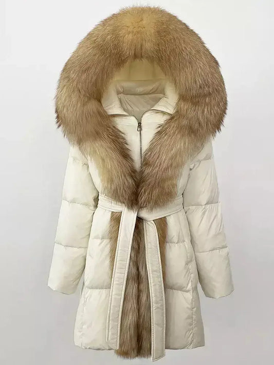 Fur-Trim Belted Down Coat in Cream with Beige Fur - Branna Couture