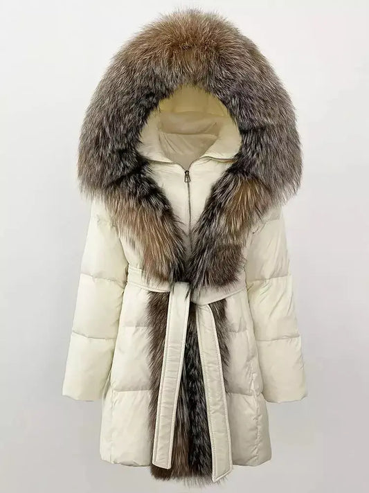 Fur-Trim Belted Down Coat in Cream with Natural Beige and Black Fur - Branna Couture