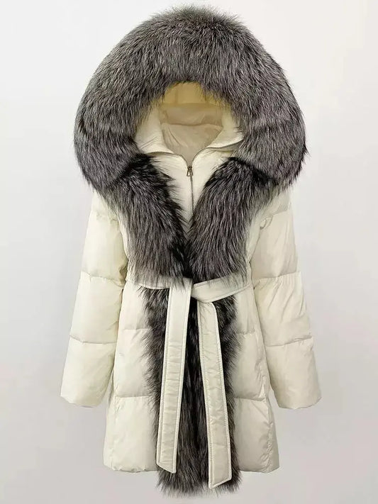 Fur-Trim Belted Down Coat in Cream with Natural and Black Fur - Branna Couture