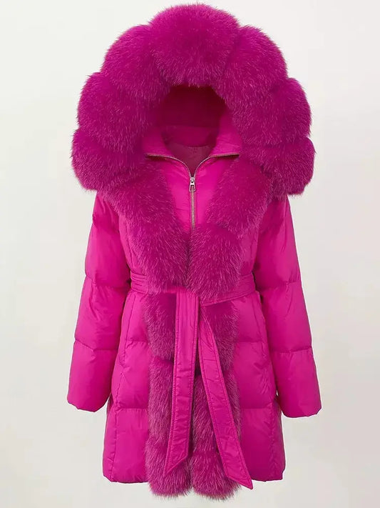 Fur-Trim Belted Down Coat in Fuchsia Pink - Branna Couture