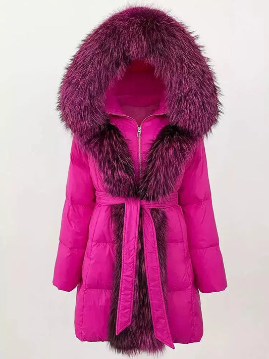 Fur-Trim Belted Down Coat in Fuchsia Pink with Pink and Black Fur - Branna Couture