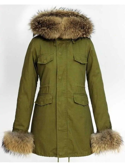 Fur-Trim Hooded Parka Coat-Army Green - Branna Couture