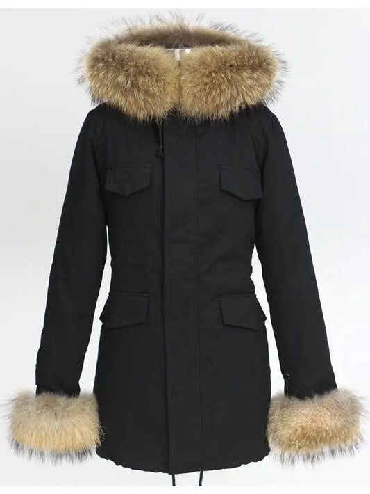 Fur-Trim Hooded Parka Coat-Black - Branna Couture